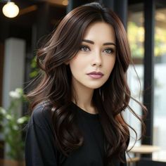 a woman with long brown hair standing in front of a window and looking at the camera