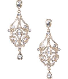 From Cezanne, these earrings feature:Open work metal drop earringsZinc/GlassSurgical steel post closureApprox. 1.25" W; 2.5" dropImported. Metal Drop, Accessories Jewelry, Gold Statement Earrings, Statement Drop Earrings, Crystal Drop, Statement Earrings, Bridal Jewelry, Gold Earrings, Drop Earrings