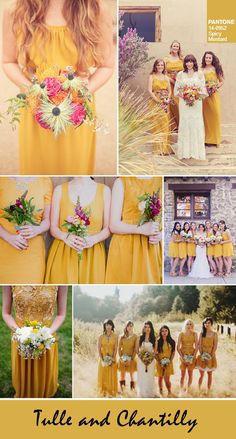 a collage of photos with yellow dresses and flowers