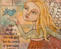 a painting with an angel holding a blue bird on it's shoulder and the words,