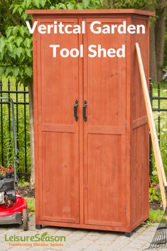 a wooden garden tool shed with the words vertical garden tool shed on it's side