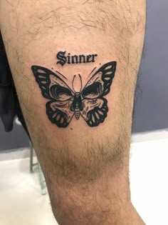 a man's leg with a butterfly tattoo that says, summer on the side