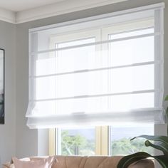 a living room filled with furniture and a window covered in white blinds on the windowsill