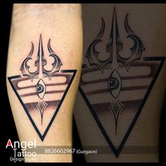 two tattoos on the legs of people with black and grey ink, one has an abstract design