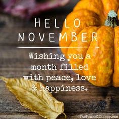 two pumpkins sitting next to each other on top of a wooden table with the words, hello november wishing you a month filled with peace, love and happiness