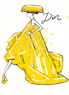 a drawing of a woman in a yellow dress and hat with the word dior on it