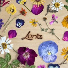 the word lora surrounded by flowers on a wooden surface with leaves and petals around it