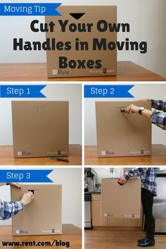 the instructions for moving boxes are shown in four different pictures, including an open cardboard box