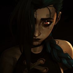 a woman with green hair and dark eyes holding a knife