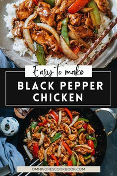 an easy to make black pepper chicken recipe in a skillet with rice and vegetables