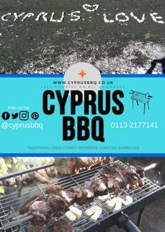 a bbq grill with meat on it and the words cyprus love written in chalk