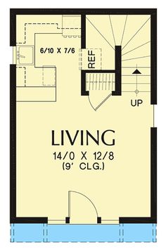 a floor plan for a small house with stairs and living room on the first level