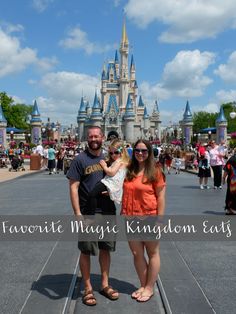 a man and woman standing in front of a castle with the words favorite magic kingdom eats on it