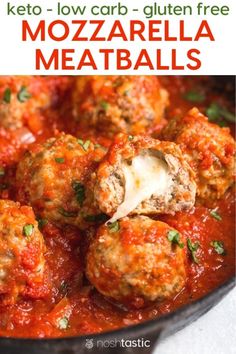 meatballs with tomato sauce in a skillet and text overlay that reads keto low carb gluten free mozzarella meatballs