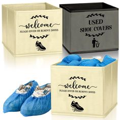 three canvas storage bins with shoes in them and the words welcome to shoe covers printed on them