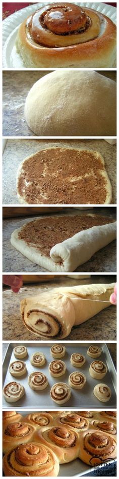 the steps to making cinnamon roll bread are shown in three different stages, including baking