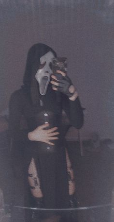 woman wearing ghostface mask, skirt, turtleneck, garters, knee high boots, corset Fem Ghostface Cosplay, Female Ghostface Cosplay, Female Ghostface Art, Lady Ghostface, Hot Ghostface Costume, Girl Scream Costume, Fem Ghostface