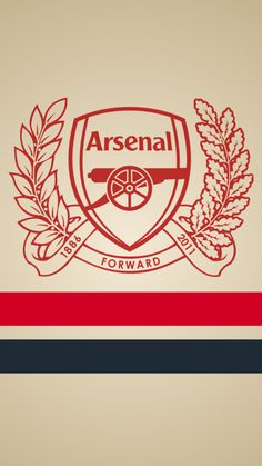 the logo for arsenal is shown in red and blue stripes on a beige background