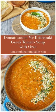 Domatosoupa Me Kritharaki (Greek Tomato Soup with Orzo) in a white bowl and a blue pot. Greek Soups Recipes, Greek Tomato Soup, Orzo Recipes Soup, Tomato And Orzo Soup, Tomato Orzo Soup Recipe, Greek Orzo Soup, Greek Yogurt Tomato Soup, Vegan Greek Soup, Tomato Soup With Orzo