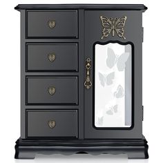 a black dresser with gold butterflies on the top and bottom drawers, along with a mirror