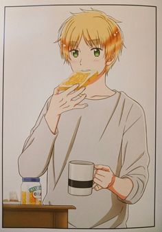 a drawing of a man eating food and drinking a cup of coffee in front of him