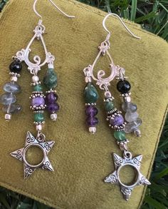 Starry Nights Chandelier Earrings with sterling silver earrings, jade, amethyst, and onyx beads, along with sterling beads. Celestial Purple Dangle Earrings, Bohemian Amethyst Chandelier Earrings Gift, Purple Bohemian Chandelier Earrings, Purple Gemstone Chandelier Earrings, Spiritual Purple Dangle Earrings, Onyx Bead, Chandelier Earrings, Wire Wrapped Jewelry, Starry Night