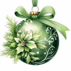 a green christmas ornament with white flowers and a green ribbon on it's side