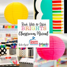 bright colored paper lanterns are hanging from the ceiling and on display in this classroom room