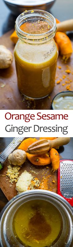 an orange sesame ginger dressing in a glass jar