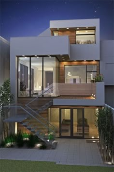 an artist's rendering of a modern house at night with stairs leading up to the upper floor