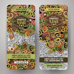 two business cards with colorful hand drawn doodles on the front and back cover, one is