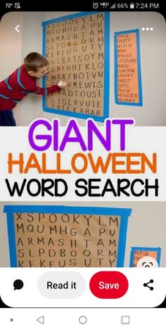 an iphone screen with the text giant halloween word search on it and a child in red shirt