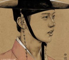 a drawing of a woman wearing a hat with beads on her neck and necklace around her neck