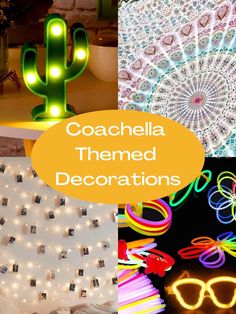 there are many different items that can be seen in this collage with the words, coachella themed decorations