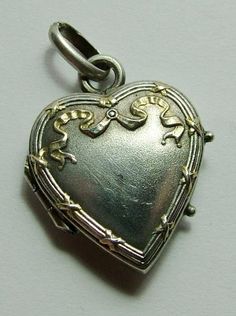 Antique Victorian c1900 French Silver Ribbon Heart Locket Charm Antique Charm - Sandy's Vintage Charms Ribbon Heart, Ribbon Decoration, Silver Ribbon, Turquoise Jewelry Native American, Authentic Jewelry, Heart Beat, Locket Charms, Funky Jewelry