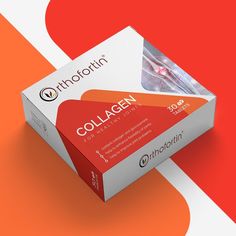 the packaging for collagen is displayed on an orange and white background