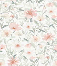 Flower Market Peel & Stick Wallpaper in Pink/Jade Pink And Green Floral Wallpaper, Simple Floral Wallpaper, Renter Friendly Decorating, Space Installation, The Flower Market, Pink Floral Wallpaper, Nursery Girl, Pink Jade, Garden Wallpaper