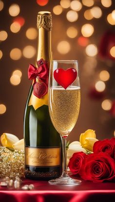 a bottle of champagne next to a glass with a heart on it and roses in the background