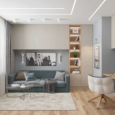 a living room filled with furniture and a book shelf on top of a hard wood floor