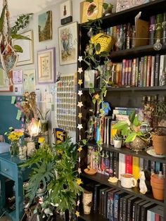 a room filled with lots of books and plants