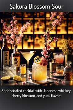 an advertisement for sakera blossom sour with flowers and lemons on the table in front of