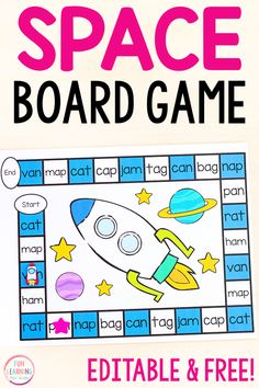 a space board game with the words, free printable and an image of a rocket ship