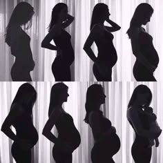 the silhouettes of pregnant women are shown in black and white photos, with their hands on their hips