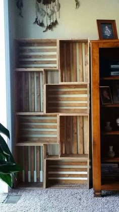 a wooden bookcase sitting next to a plant in a room with white carpeting