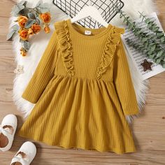 * Ruffle Decor & Solid & Pleated Dress
* Soft and comfy
* Material: 98% Polyester, 2% Spandex 
* Machine wash, tumble dry
* Imported Long Frocks Indian, Long Frocks For Girls, Brown Casual Dress, Ginger Brown, Long Sleeve Ruffle Dress, Baby Frock Pattern, Baby Frocks Designs