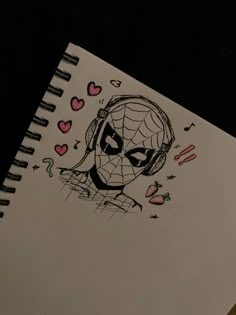 a drawing of a spider man with headphones and hearts on his face is shown