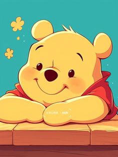 a cartoon winnie the pooh sitting on top of a wooden table with flowers in the background