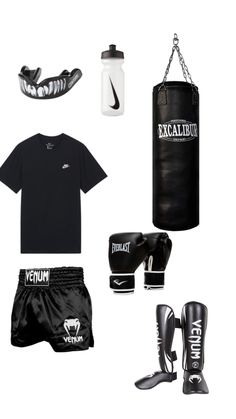 an assortment of boxing gear including gloves, punching mitts and t - shirt