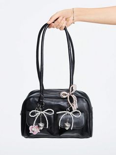 Large Capacity Casual Commute Bag Shoulder Bag/Bowling Bag, School Black Casual   PU Leather Graphic,Plaid Boston Bag   Women Bags, size features are:Bust: ,Length: ,Sleeve Length: Shein School Bags, Bag School Aesthetic, Sac Aesthetic, School Bag Decoration, Bag Tour, Dream Bags, Wedding Party Accessories, Trendy Business Casual, Bowling Bag