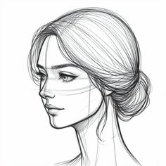 a drawing of a woman's face with her hair pulled up in a bun